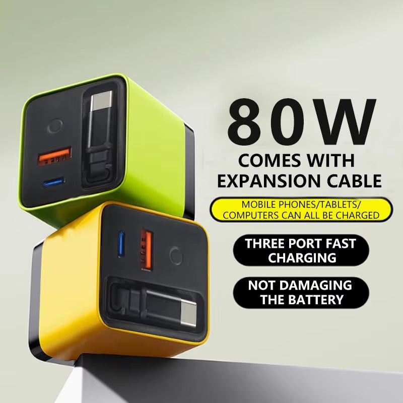 3 in 1 Gan Charger Retractable 80W MAX Fast Charger Block with Type-C Cable 2USB Ports Portable Adapter Mobile Phone Charger New